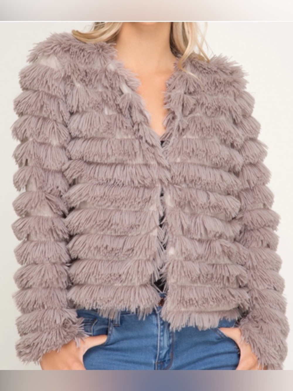 She + Sky NWT Fluffy Shaggy Faux Fur Crop Jacket, Muted Purple Grey, Size L
